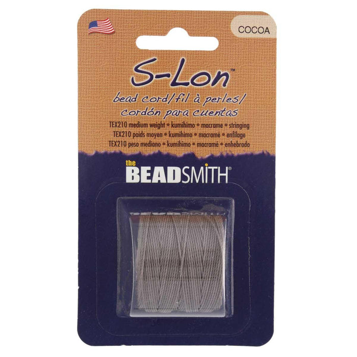 S-Lon cocoa bead cord in Beadsmith retail card packaging with TEX210 medium weight label