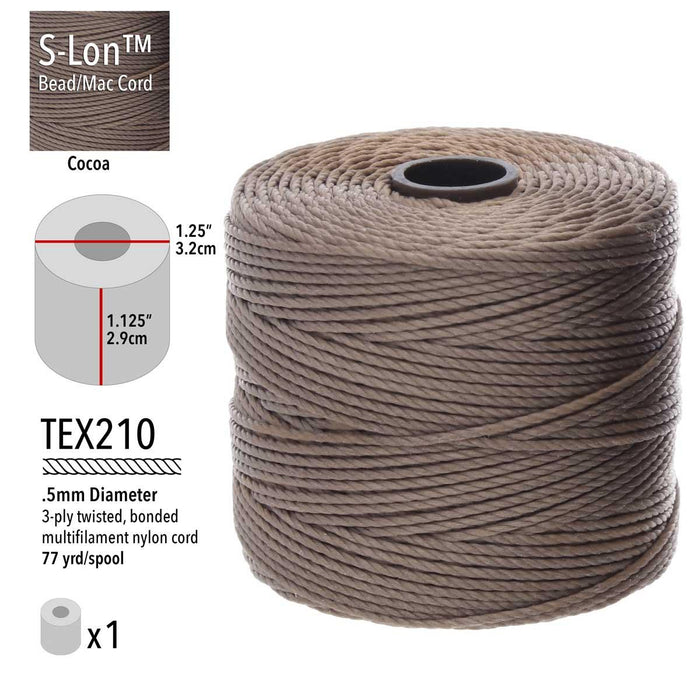 S-Lon cocoa nylon bead cord spool with specs: TEX210, .5mm, 3-ply, 77 yd, 1.25 x 1.125 inch spool