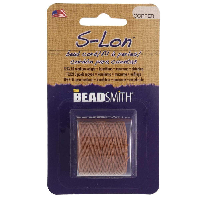 Copper S-Lon nylon bead cord spool in its Beadsmith retail packaging with label