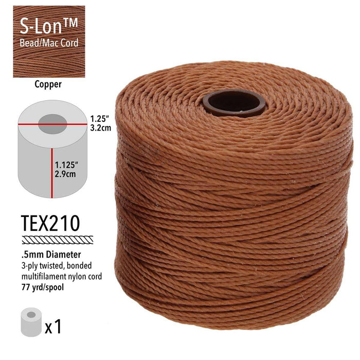 Copper S-Lon bead cord spool with specs: TEX210, .5mm, 3-ply, 77 yd spool, 1.25 x 1.125 inch