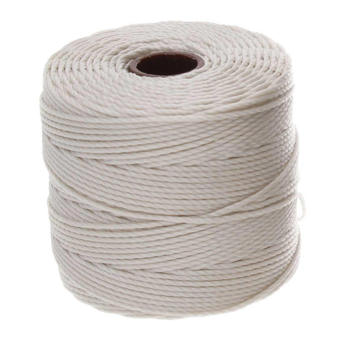S-Lon 0.5mm cream nylon bead cord, full spool of twisted cord on a white background