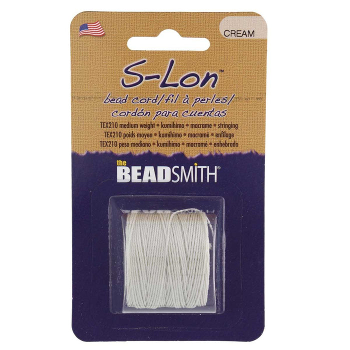 S-Lon cream nylon bead cord in Beadsmith retail packaging with TEX210 medium weight label