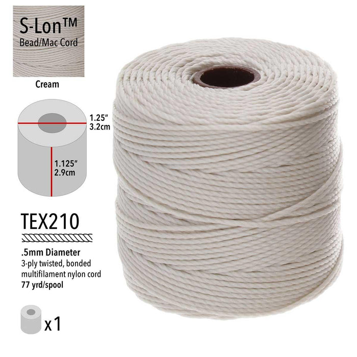 S-Lon cream nylon bead cord spool with specs: TEX210, .5mm, 3-ply twisted, 77 yards, 1.25 inch by 1.125 inch spool