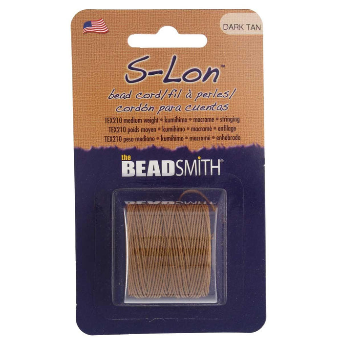 S-Lon dark tan nylon bead cord spool in Beadsmith retail card packaging with TEX210 label