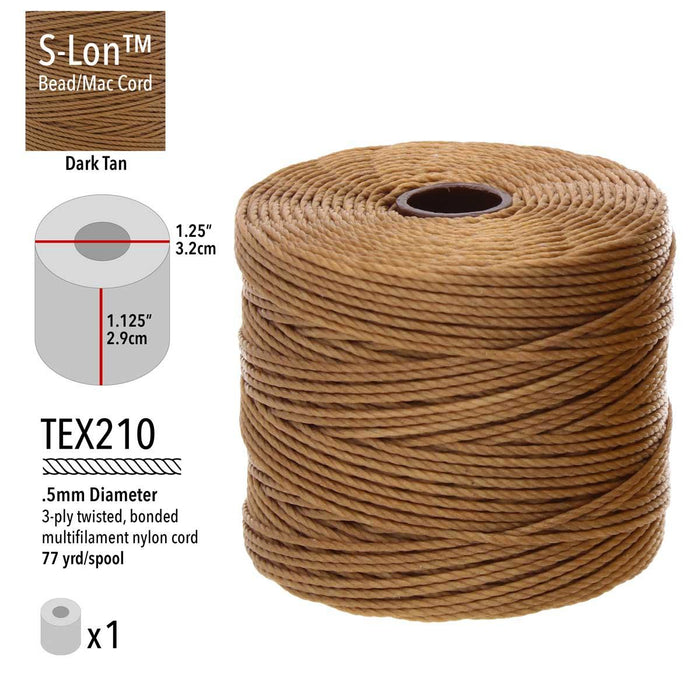 S-Lon dark tan bead cord spool with specs: TEX210, .5mm, 3-ply nylon, 77 yards, 1.25 x 1.125 inch spool