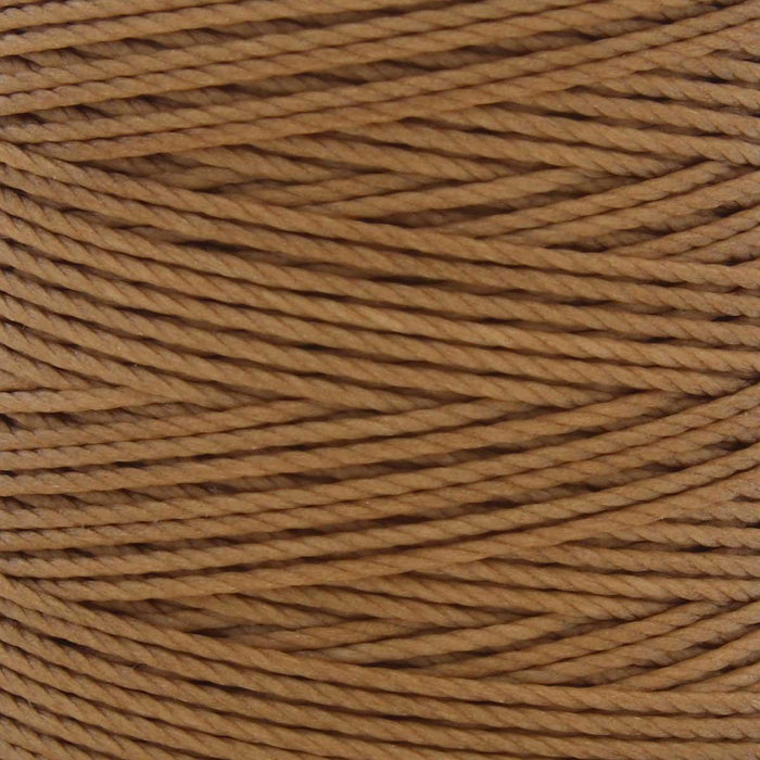 Close-up of twisted 3-ply dark tan nylon bead cord wound tightly, showing texture