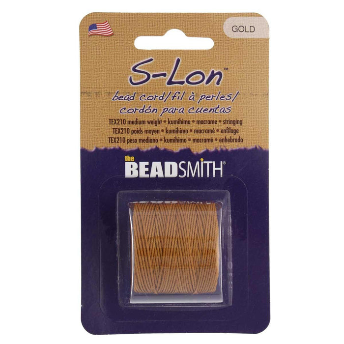 Gold S-Lon nylon bead cord spool in BeadSmith retail card packaging with TEX210 label