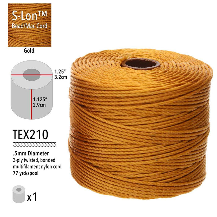 Gold S-Lon nylon bead cord spool with specs: TEX210, .5mm, 3-ply, 77 yd, 1.25 in by 1.125 in spool