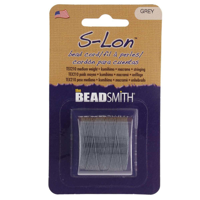 S-Lon grey nylon bead cord spool in its Beadsmith retail card packaging with label