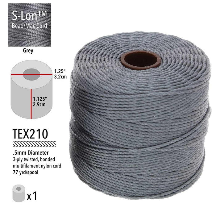 S-Lon grey nylon bead cord spool with specs: TEX210, .5mm, 3-ply, 77 yd, 1.25 x 1.125 inch spool