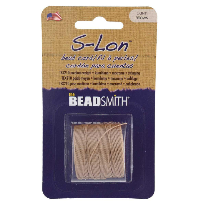 S-Lon light brown nylon bead cord in Beadsmith retail packaging with label and a small wound spool