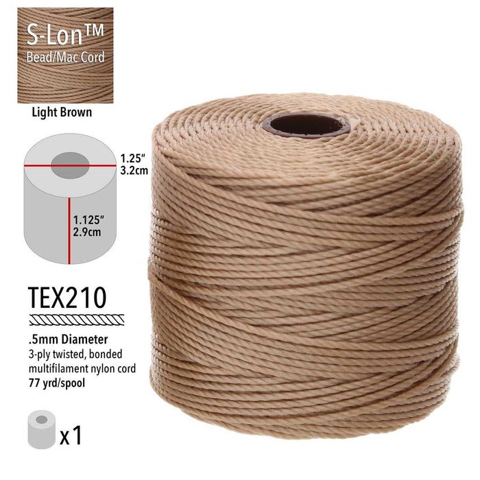 S-Lon light brown bead cord spool with specs: TEX210, 0.5mm, 3-ply, 77 yd, 1.25 in wide, 1.125 in tall