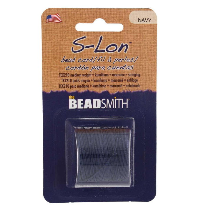 Navy S-Lon nylon bead cord spool in Beadsmith retail packaging with label showing TEX210 medium weight