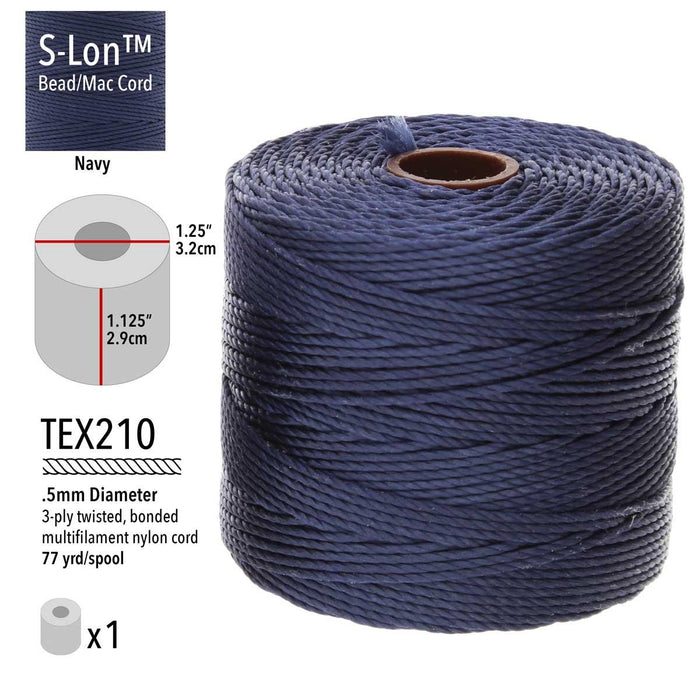 S-Lon navy nylon bead cord spool with specs: TEX210, .5mm, 3-ply, 77 yd, 1.25 in wide, 1.125 in tall