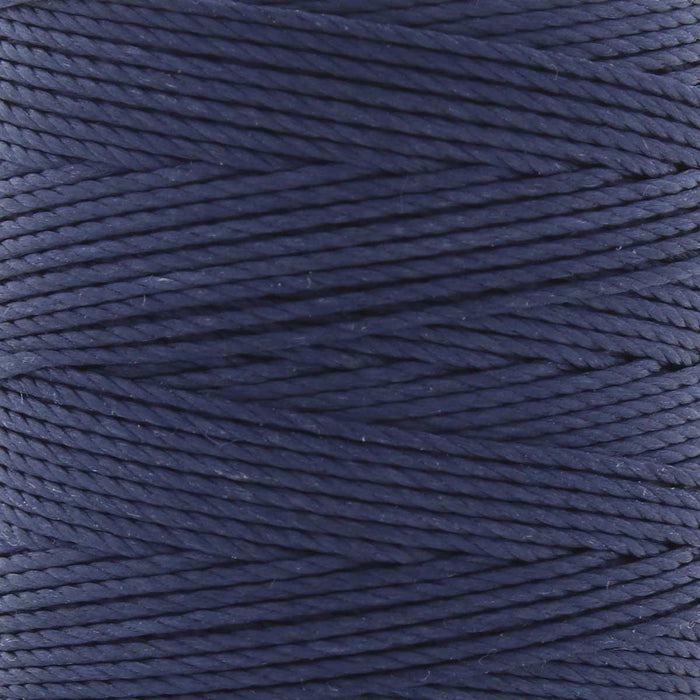 Close-up of twisted navy blue nylon bead cord wrapped in tight rows showing the 3-ply texture