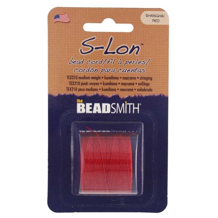 S-Lon Shanghai red nylon bead cord in Beadsmith retail packaging with label