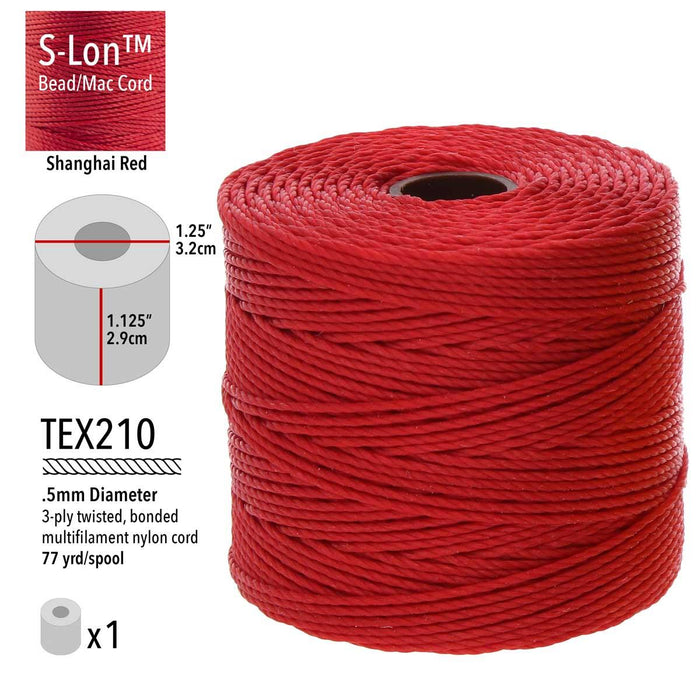 S-Lon Shanghai red nylon cord spool with specs: TEX210, 0.5mm, 3-ply, 77 yd, spool 1.25 in wide, 1.125 in tall