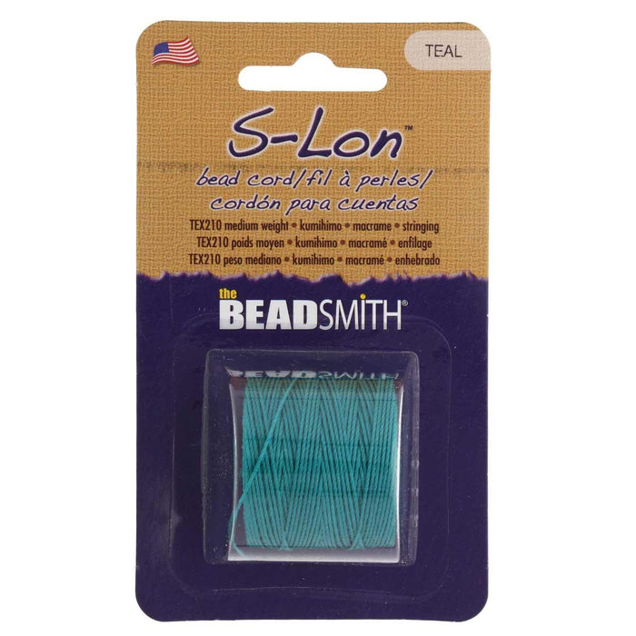 Teal S-Lon nylon bead cord in Beadsmith retail packaging with TEX210 medium weight label
