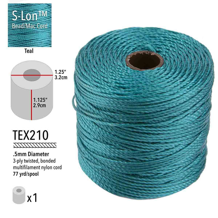 Teal S-Lon nylon bead cord spool with specs: TEX210, 0.5mm, 3-ply, 77 yd, 1.25 in by 1.125 in spool