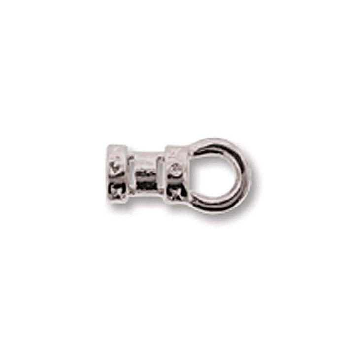 Silver plated crimp cord end with ring, side view showing the decorative banded barrel and round loop