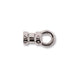 Silver plated crimp cord end with ring, side view showing the decorative banded barrel and round loop