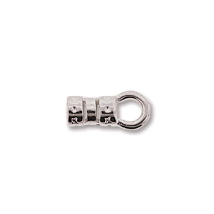 Silver plated crimp cord end with ring, shown from the side with two grooved bands on the barrel