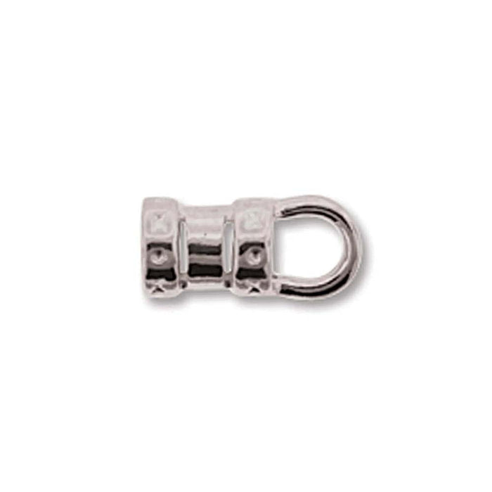 Silver plated crimp cord end with ring, side view showing the ridged barrel and loop on a white background