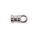 Silver plated crimp cord end with ring, side view showing the ridged barrel and loop on a white background