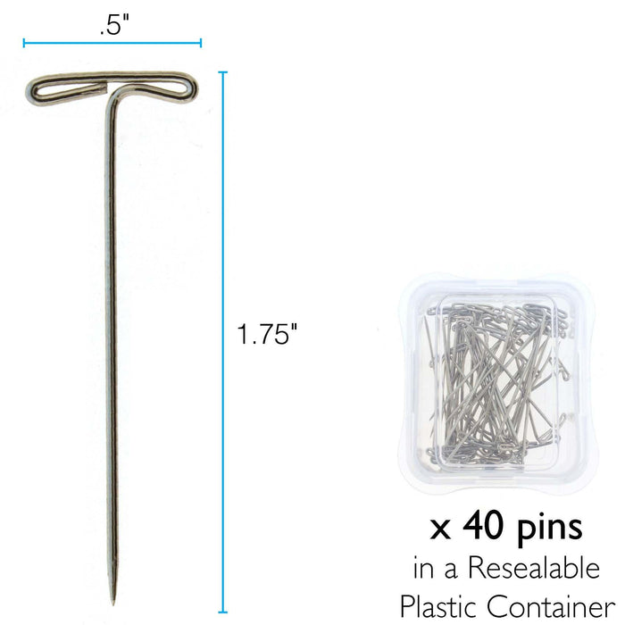 T-pin size diagram: 1.75 inch length, .5 inch head width, 40 pins in a resealable plastic container