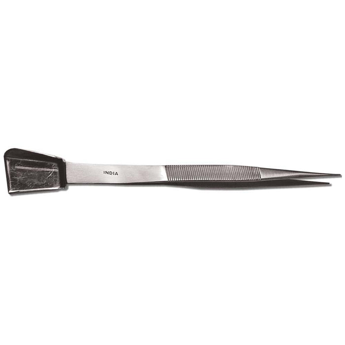BeadSmith tweezers with shovel end, stainless steel with serrated grip and India stamp, shown on white