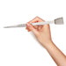 Hand holding the tweezers like a pen, showing the pointed tip and flat shovel end