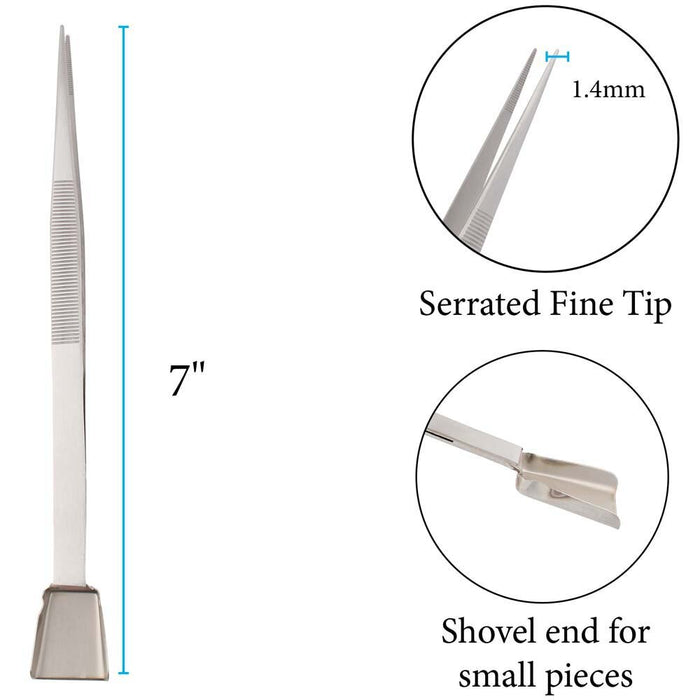 Tweezers with shovel graphic labeling 7 inch length, 1.4mm serrated fine tip and shovel end for small pieces