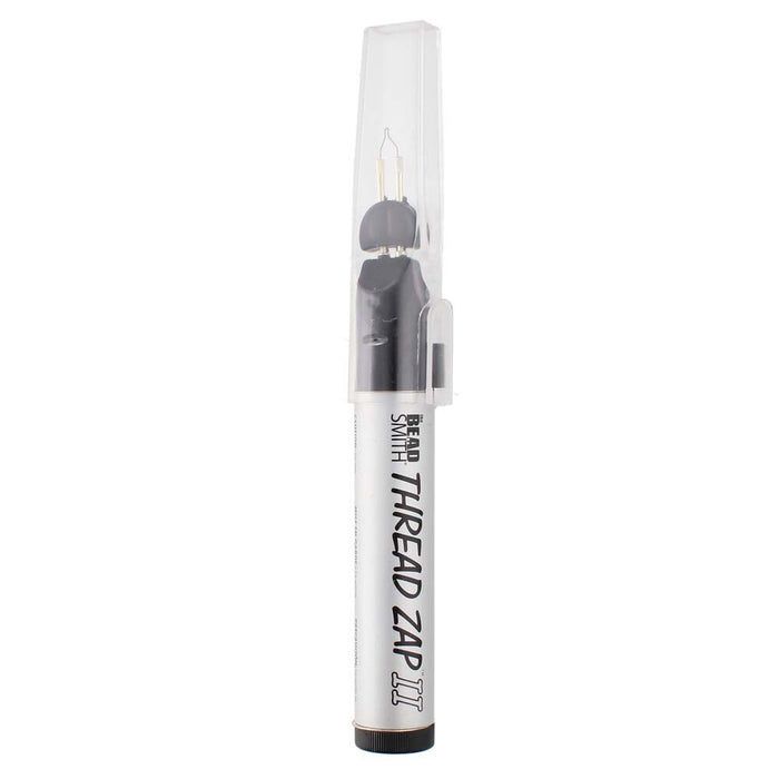 Thread Zap II thread burner standing upright with the clear protective cap covering the tip