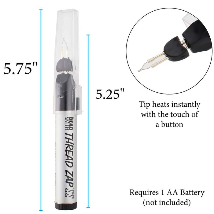 Thread Zap II burner dimensions 5.75 and 5.25 inches, tip heats instantly, requires 1 AA battery not included