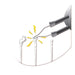 Illustration of the heated tip of a thread burner melting the frayed end of a cord, with lightning bolts