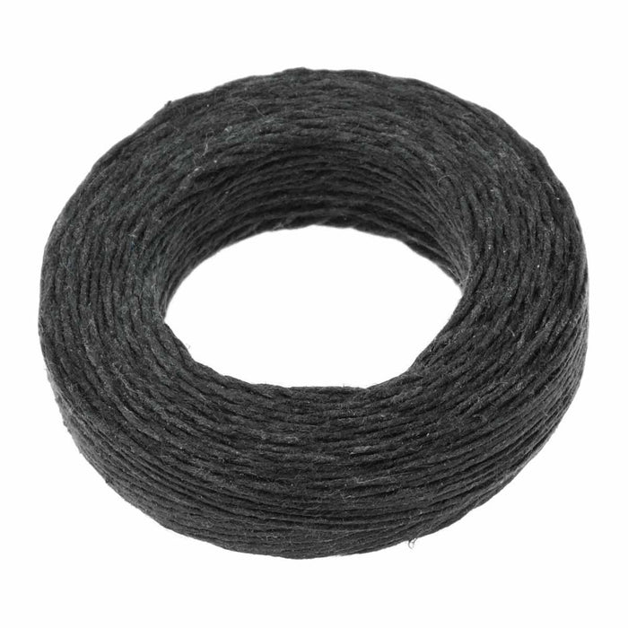 Coil of 0.7mm black waxed linen cord shown alone, top view of the wound cord