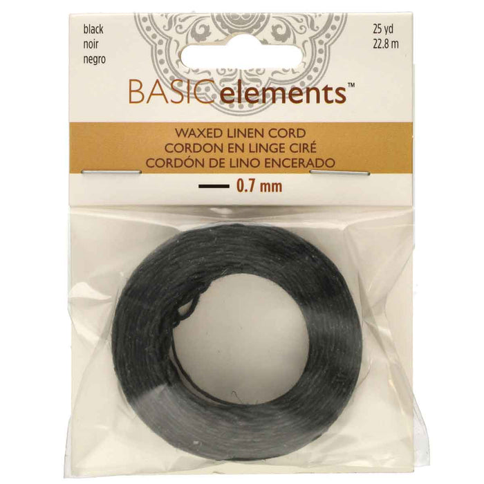 0.7mm black waxed linen cord coil in retail packaging with label showing 25 yd (22.8 m)