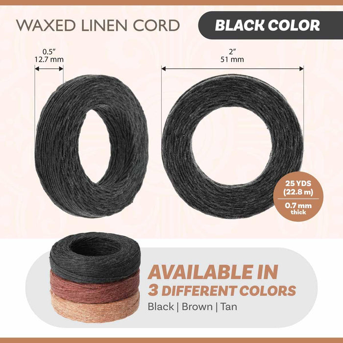 Black waxed linen cord size graphic: 0.5 in inner, 2 in outer coil, 25 yds, 0.7mm thick, in 3 colors