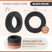 Black waxed linen cord size graphic: 0.5 in inner, 2 in outer coil, 25 yds, 0.7mm thick, in 3 colors