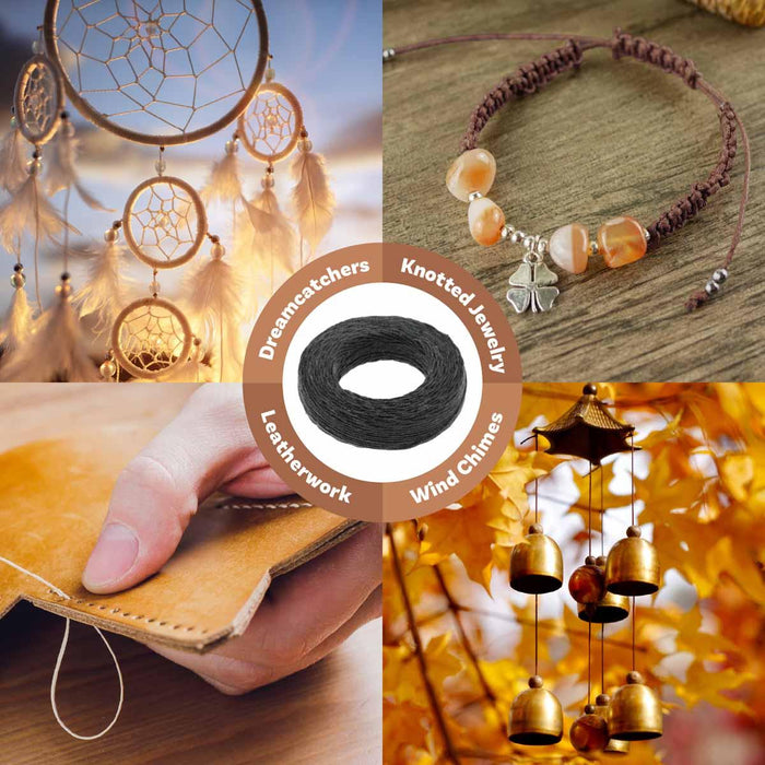Black waxed linen cord coil surrounded by uses: dreamcatchers, knotted jewelry, leatherwork and wind chimes