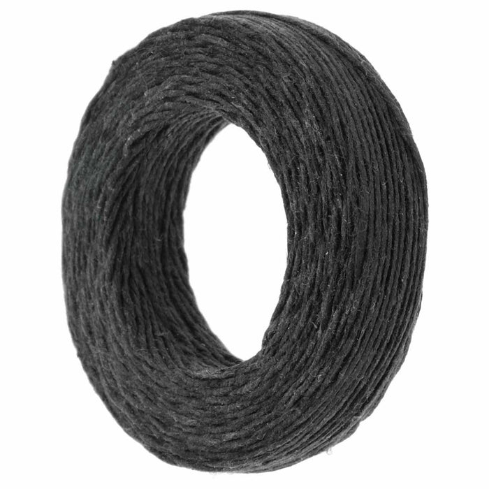 Angled side view of a 0.7mm black waxed linen cord coil showing the twisted, waxed texture