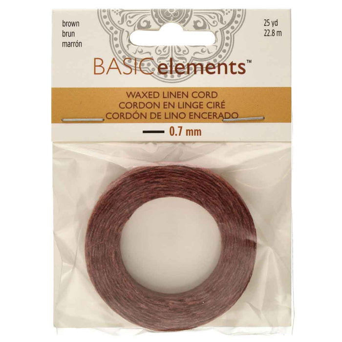 0.7mm brown waxed linen cord coil in retail packaging labeled 25 yd, 22.8 m