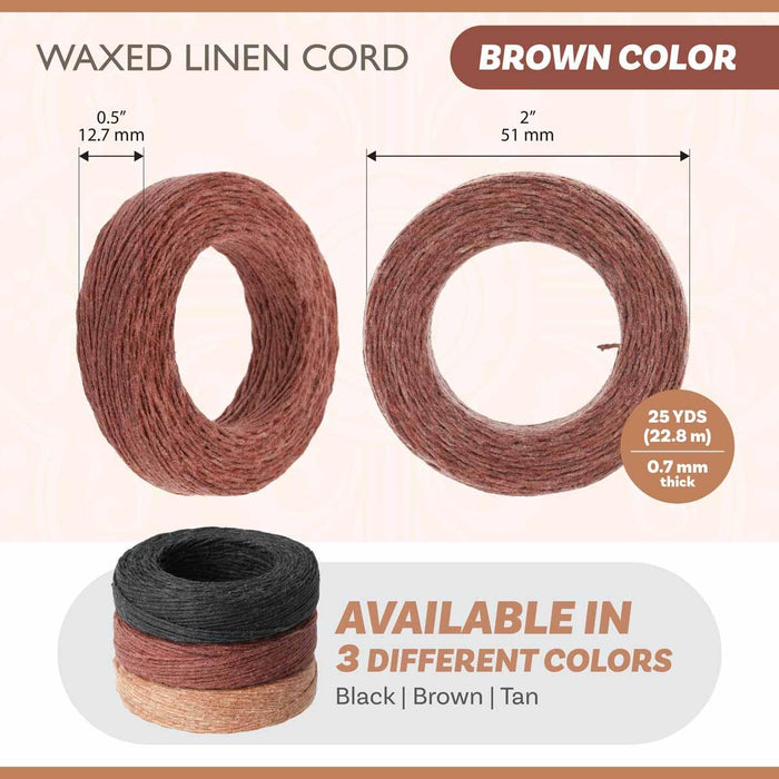 Brown waxed linen cord spec card: 25 yds, 0.7mm thick, coil 2 inch outer, 0.5 inch width, black, brown, tan colors