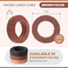 Brown waxed linen cord spec card: 25 yds, 0.7mm thick, coil 2 inch outer, 0.5 inch width, black, brown, tan colors
