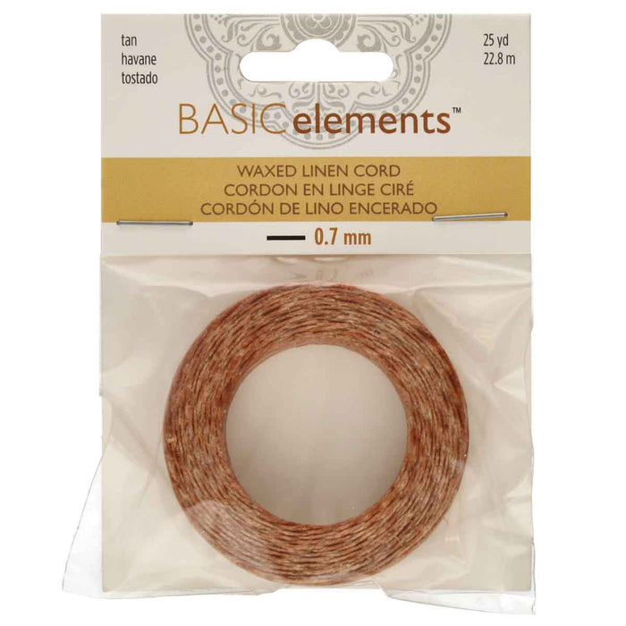 0.7mm tan waxed linen cord in retail packaging with label showing 25 yd, 22.8 m