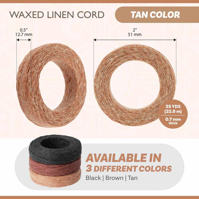 Tan waxed linen cord graphic with coil sizes, 25 yds (22.8 m), 0.7mm thick, and black, brown and tan colors