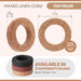 Tan waxed linen cord graphic with coil sizes, 25 yds (22.8 m), 0.7mm thick, and black, brown and tan colors