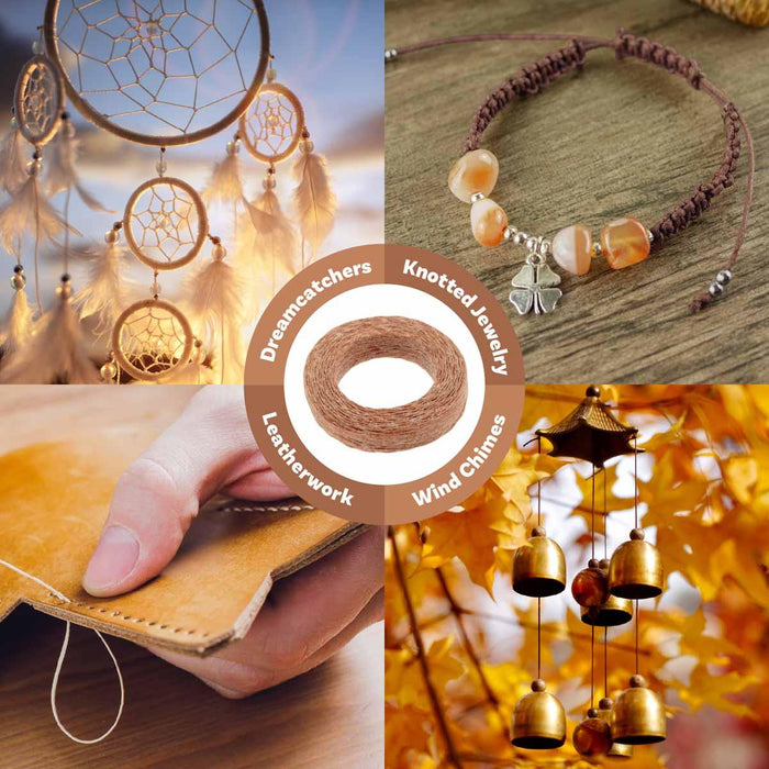 Waxed linen cord coil surrounded by uses: dreamcatchers, knotted jewelry, leatherwork and wind chimes