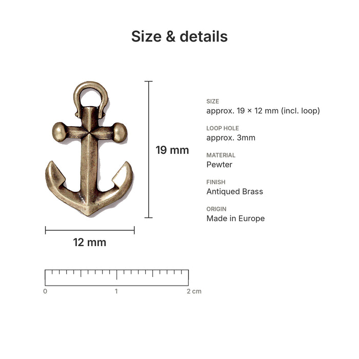 Antiqued brass anchor charm size and details: 19 x 12 mm pewter, 3mm loop hole, made in Europe
