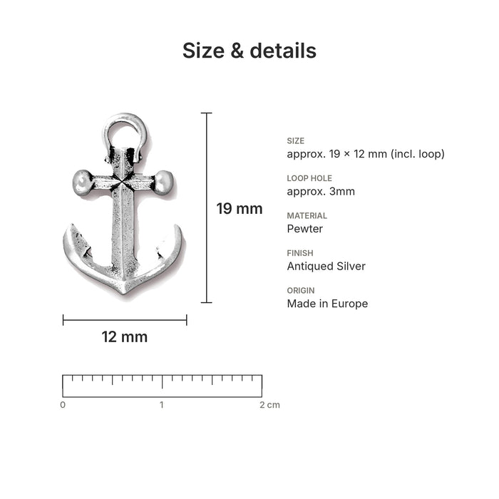 Antiqued silver anchor charm size and details: 19 x 12 mm pewter, 3mm loop hole, made in Europe